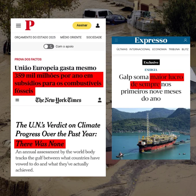 Notícias sobre a cumplicidade entre os governos e a indústria fóssil, e sobre a incapacidade climática por parte dos governos e os lucros record da Galp 