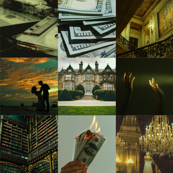Green-toned moodboard featuring images of a mansion, an old home library, money being burned, a stack of 100 dollar bills, double chandeliers, a set of cassette tapes, hands in the dark, an ominous staircase, and the silhouette of a couple dancing.