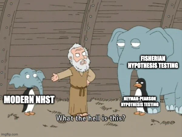 Noah from Noah's ark says "What the Hell is This?" as he gestures to a hybrid elephant penguin labeled "Modern NHST". He's asking an elephant (labled "Fisherian Hypothesis Testing") and a penguin (labeled "Neyman Pearson Hypothesis Testing") implying that the two animals had sexual relations and produced the hybrid animal.
