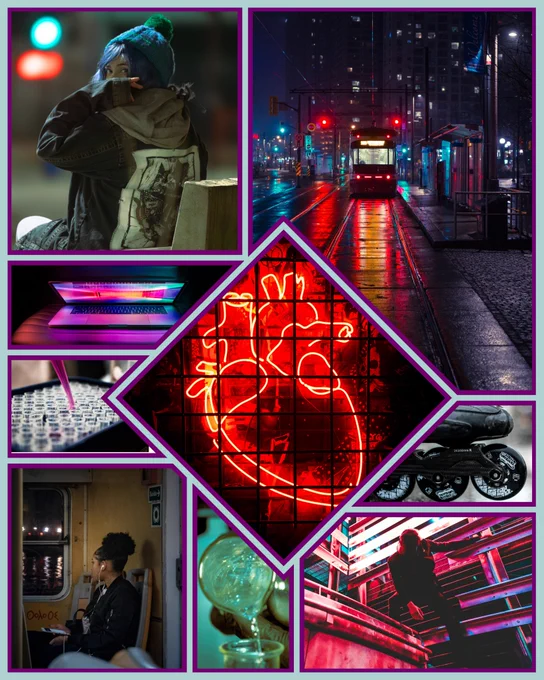 Moodboard with panels styled like a comic book. From the top: Woman hiding her face. A rainy street with a tram. Glowing laptop. Glowing heart behind bars. Rollerblade. Woman with headphones in. Science goop. Man in an action pose.