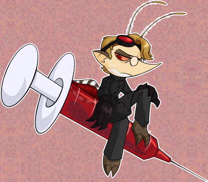 An illustration of a chibi mosquito man in gloomy attire sitting on a giant syringe full of blood.