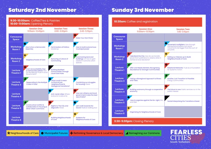 An infographic showing the programme for Fearless Cities South Yorkshire.

The full programme is available in PDF form at this link: https://drive.google.com/file/d/1vybCrr1J7d8hOISwxRdDv5EQ4SpZL0Vu/view
