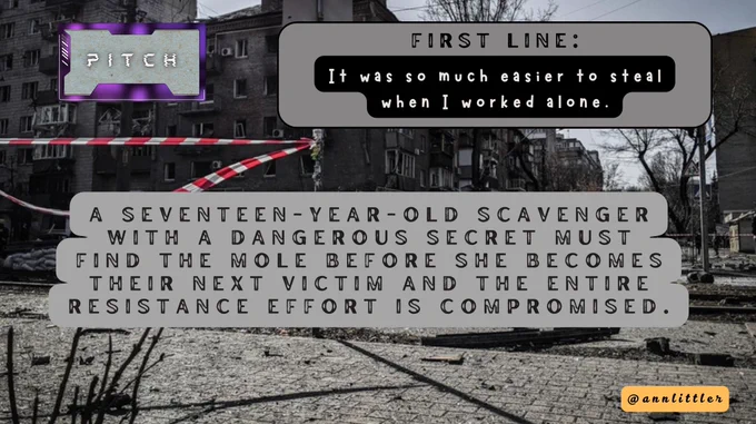 Pitch:
A seventeen-year-old scavenger with a dangerous secret must find the mole before she becomes their next victim and the entire resistance effort is compromised