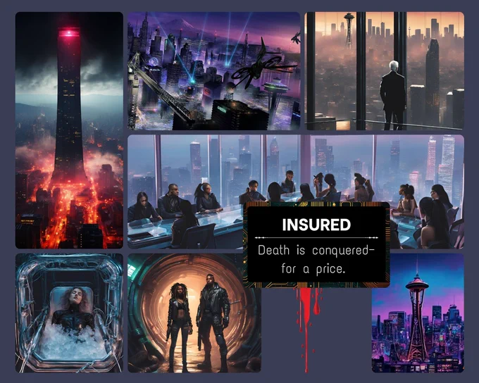 Top Right: Insurance Tower, dark and dominating over the rest of Nexus, red light from the streets below illuminating it like fire.

Middle Top: A skyline shot of Nexus where you can see the towering Cyberpunk style mega structures and The Needle, left over from old Seattle. HUVs are flying through the sky with mount Rainer in the background.

Top Right: Richard in Brian Lord's office in New Life Towers staring out at Nexus, The Needle in the background

Middle Image: A wide image of The Board meeting in Insurance Tower while out the window the city of Nexus can be seen, mega twoers dominating the sky

Middle Box: "Insured: Death is conquered--for a price." The text is surrounded by a computer chip, blood dripping down.

Bottom left: Sil with her eyes closed in a dive terminal ice bath

Middle Bottom: Celeste (left) and Goliath (Right) in the Undercity, standing in the circular tunnel of the Spillway

Bottom Right: The Needle in the forefront of the city of Nexus.

Made with Canva