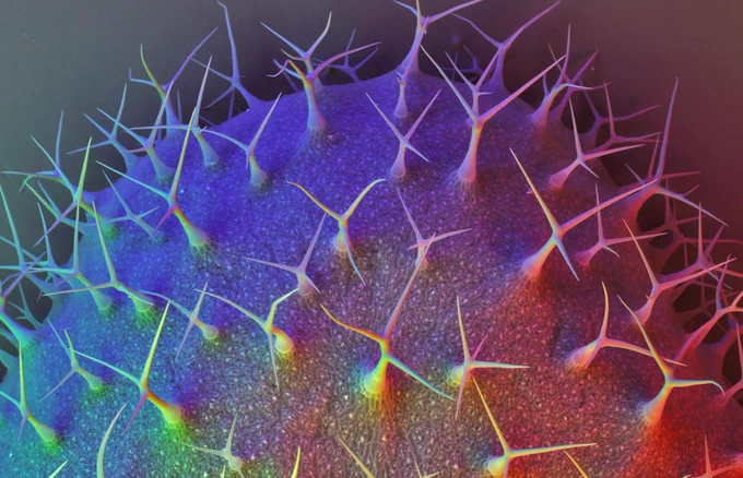 Microscopic photo of a plant - a rainbow, spiky expanse