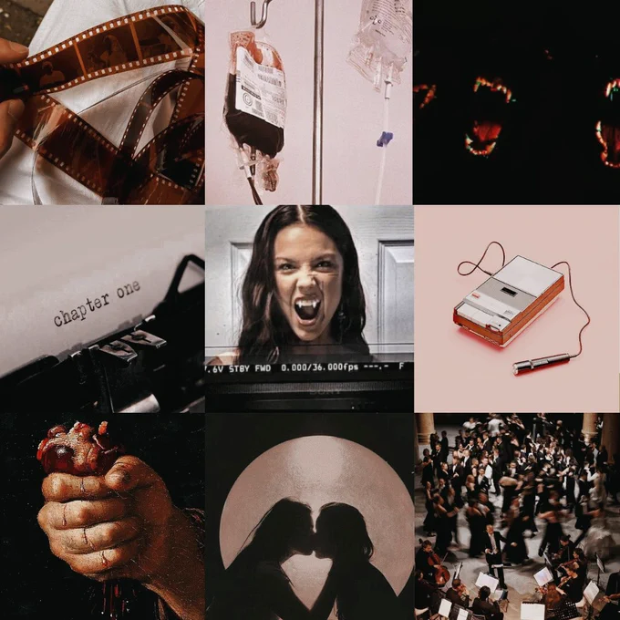 3x3 wip moodboard, from left to right: a film strip, a blood bag, three hounds laughing with sharp teeth, a typewriter that says ‘chapter one’, olivia rodrigo smiling at the camera with vampire fangs, a tape recorder, oil painting of a fist crushing a heart, silhouette of girls kissing in front of the moon, a blur of people dancing in front of an orchestra.