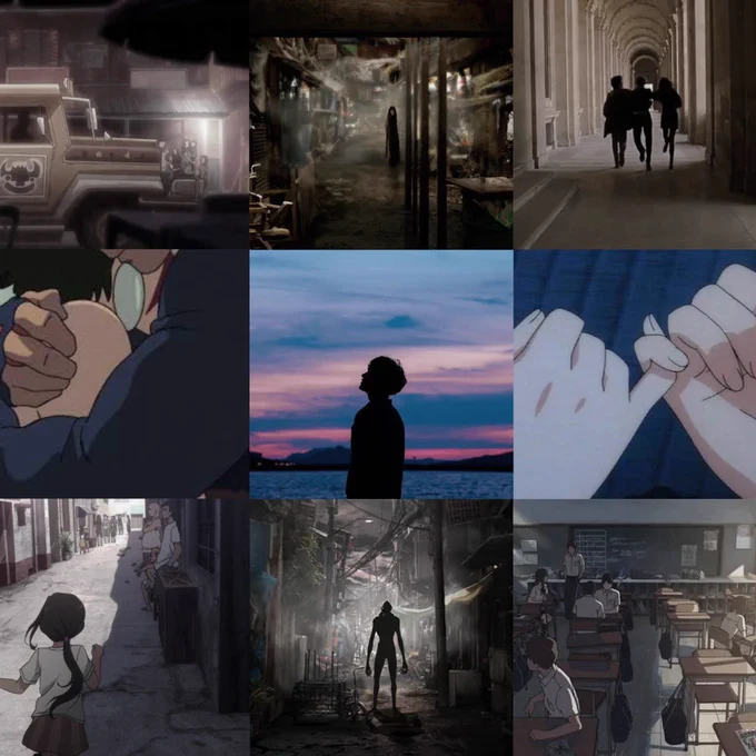 moodboard (from left to right):

1. a picture of a jeepney
2. a picture of a place and there seems to be someone standing far away
3. three people running in a hallway
4. a closed up picture of two people hugging 
5. a person looking up at the blue-purple sky 
6. two fingers entwined like a pinky promise 
7. a girl running in the streets
8. a ruined place and a monster standing
9. a classroom with students sitting or standing