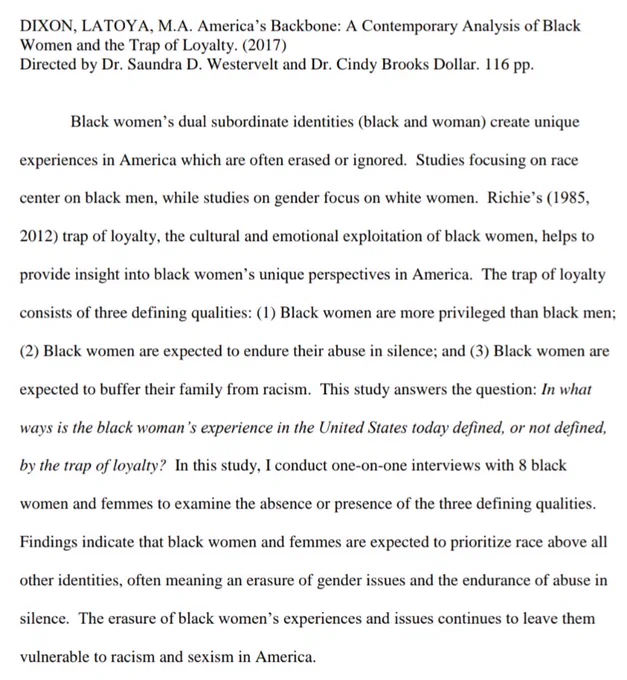 Black women's dual subordinate identities (black and woman) create unique experiences in America which are often erased or ignored. Studies focusing on race center on black men, while studies on gender focus on white women. Richie's (1985, 2012) trap of loyalty, the cultural and emotional exploitation of black women, helps to provide insight into black women's unique perspectives in America. The trap of loyalty consists of three defining qualities: (1) Black women are more privileged than black men; (2) Black women are expected to endure their abuse in silence; and (3) Black women are expected to buffer their family from racism. This study answers the question: In what ways is the black woman's experience in the United States today defined, or not defined, by the trap of loyalty? In this study, I conduct one-on-one interviews with 8 black women and femmes to examine the absence or presence of the three defining qualities. Findings indicate that black women and femmes are expected to pr