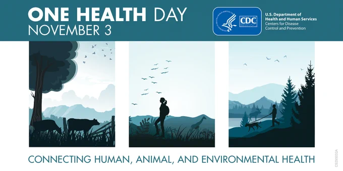 Illustration of a landscape with animals and people interacting in outdoor environments.  
Text reads: One Health Day  
 
November 3  
 
Connecting human, animal, and environmental health: when we protect one, we protect all. 
