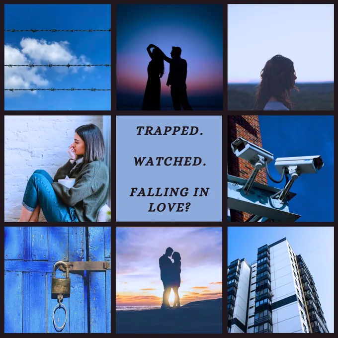 Moodboard with 8 photos of: barbed wire across the sky, a silhouette of a couple dancing, 2 photos of a girl alone, a security camera, a locked door, a silhouette of a couple and an apartment block. The image is split into 9 squares, the square in the centre of all the photos is blue and reads: ‘Trapped. Watched. Falling in love?’. The images combined suggest an atmosphere that accompanies a social experiment with an element of romance.
