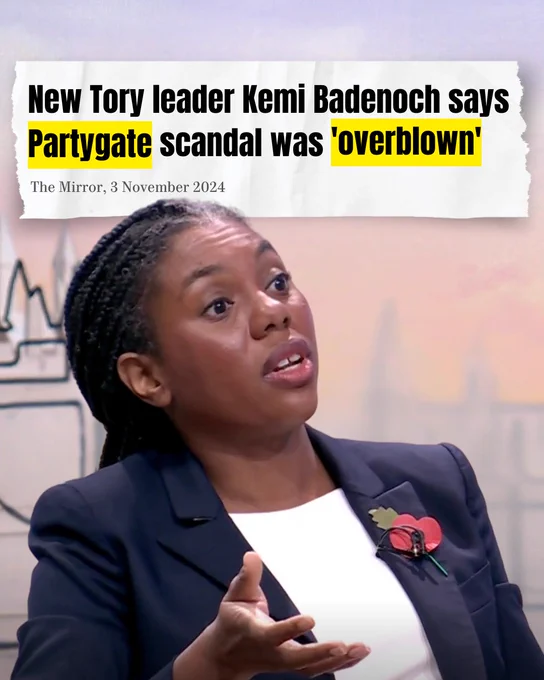 Picture of Kemi Badenoch on BBC's Sunday with Laura K with a headline from the Mirror that reads: 'New Tory leader Kemi Badenoch says Partygate scandal was 'overblown' 