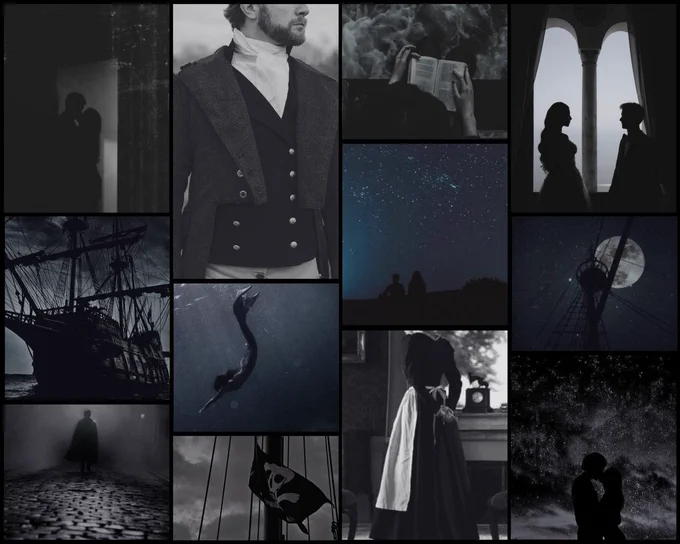 A large aesthetics board for the novel THE SIREN'S CALL featuring three rows of images, the top and bottom in black and white and the middle row in moody blue tones. The first row depicts a man and a woman kissing in a hallway, a bearded man dressed in formal Victorian clothing, a woman reading over the ocean, and a regally dressed man and woman looking at each other on a balcony. The middle row depicts a pirate ship without sails, a siren swimming downwards, a man and a woman sitting on a hill looking up at the stars, and a view of a crow's next from below at night with the moon and stars in the background. The final row depicts a man in a long black coat walking away down a foggy cobbled street, a pirate flag, a woman in a maid's uniform and a man and woman kissing under the stars.
