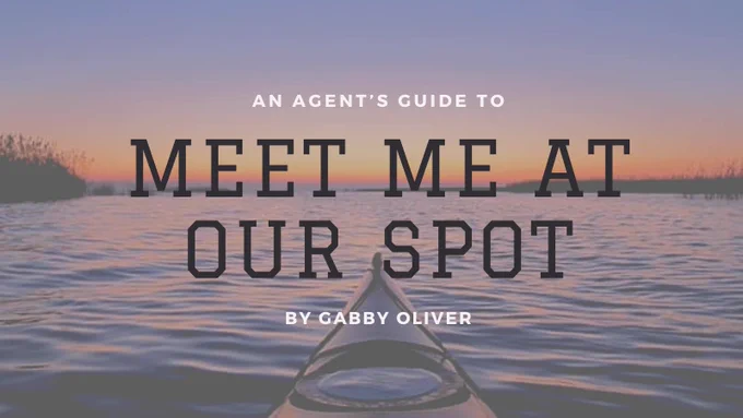 Sunset over ocean with dunes on the sides and a kayak on the bottom. Txt: An Agent’s Guide to Meet Me At Our Spot By Gabby Oliver