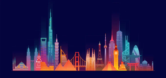 Colourful skyline collage of iconic buildings from around the world
