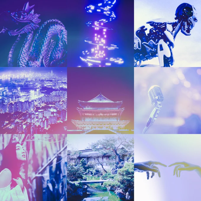 A moodboard comprised of nine images with bright neon white and dark violet lighting. Images include a dragon statue, a swirl of computerized neon lights, an android skeleton, a nighttime cityscape, a Chinese palace glowing with neon-colored nightlights, a microphone, a young Chinese woman staring upwards, a view of a Chinese garden with trees and a bridge crossing over a pond, and a pair of hands outstretched towards each other with their forefingers almost touching.