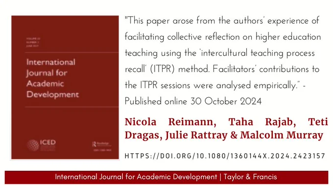 IJAD logo and a quote from an article by Nicola Reimann, Taha Rajab, Teti Dragas, Julie Rattray & Malcolm Murray: "This paper arose from the authors’ experience of facilitating collective reflection on higher education teaching using the ‘intercultural teaching process recall’ (iTPR) method. Facilitators’ contributions to the iTPR sessions were analysed empirically."