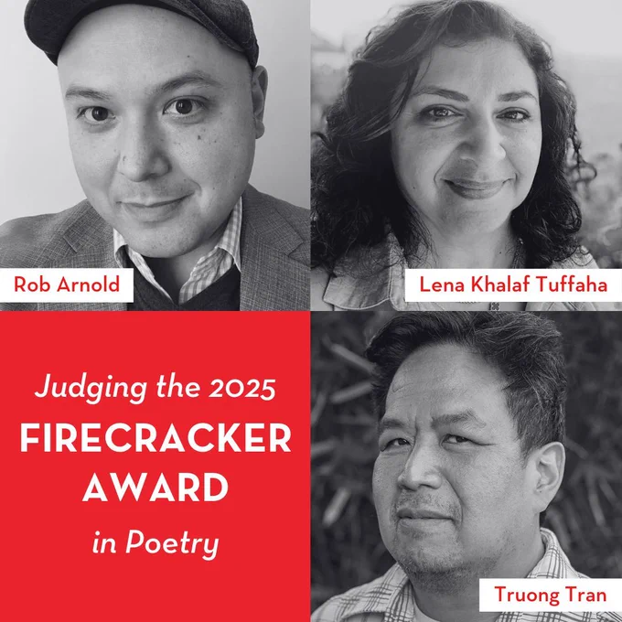 A red graphic featuring photos of the three judges and text reading "Judging the 2025 Firecracker Award in Poetry."