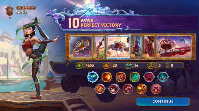 A 10 Win Perfect Victory Screen from the Bazaar using Vanessa. The build is a golden Spyglass, a Golden Throwing Knives, a Diamond Swash Buckle, a Golden Holster, a Golden Crow's Nest and for some reason an XP potion. Flashy Reload is also shown in skills alongside various other damage and crit buffs.
