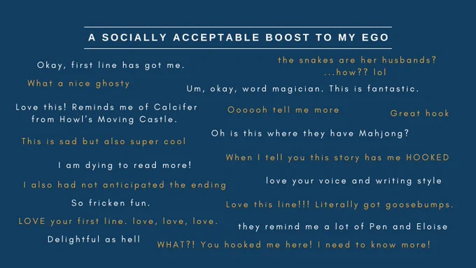 Slide 4 of my humorous Agent's Guide: A socially acceptable boost to my ego

features quotes from people who have read A Wayward Balance such as "When I tell you this story has me HOOKED" and "So fricken fun"