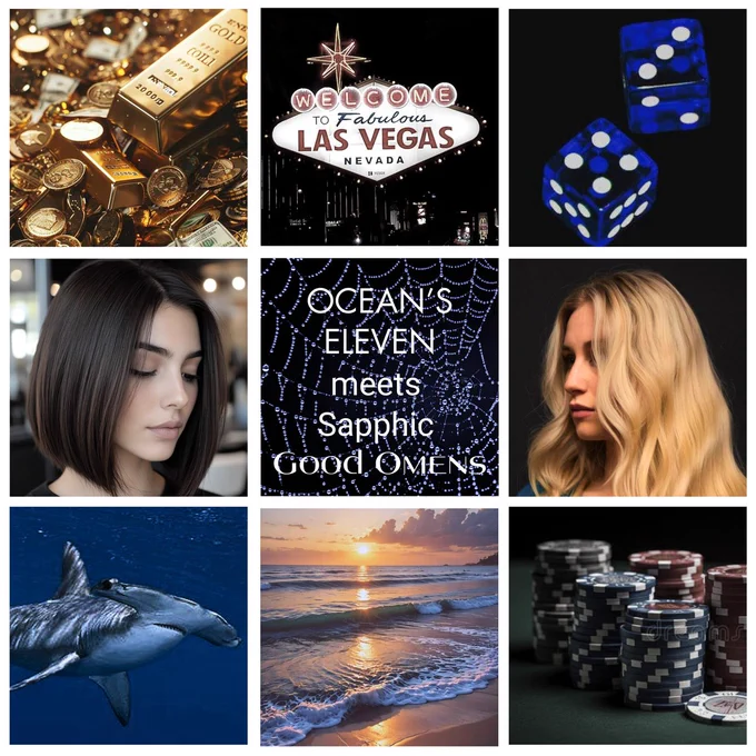 Mood board of nine images: shiny gold, Welcome to Fabulous Las Vegas sign, a pair of blue dice, a dark-haired woman looking to the right, a blonde haired woman looking to the left, a shark in a tank swimming to the right, a golden beach scene, and a stack of poker chips. The central image is white text on a black background over a spider web reading 'OCEAN'S ELEVEN meets Sapphic GOOD OMENS'. Color scheme is black, blue, and gold.