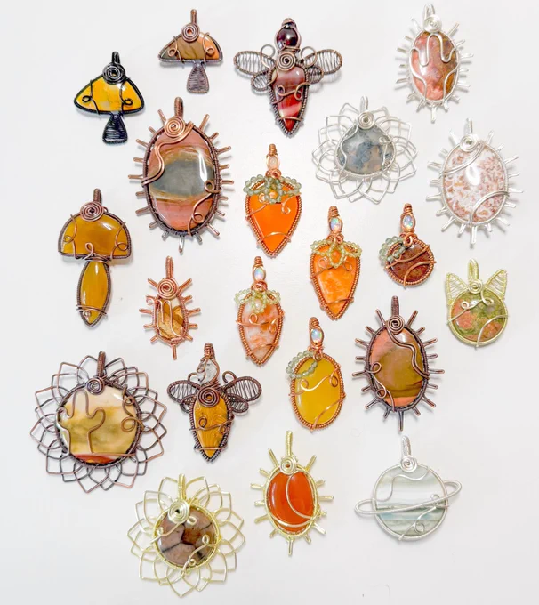 Bumblebee jasper mushroom, polychrome jasper mushroom, garnet & mookaite dragonfly fairy, moss agate sunflower, crazy lace agate cactus sun, yellow onyx mushroom, picture Jasper Scorpio sun, polychrome jasper sun, orange onyx carrot, orange calcite carrot, red moss agate apple, unakite cat, mookaite cactus sunflower, herkimer diamond & dolomite dragonfly fairy, sunstone carrot, yellow onyx lemon, polychrome jasper sun, chiastolite sunflower, carnelian moon sun, saturn chalcedony saturn
