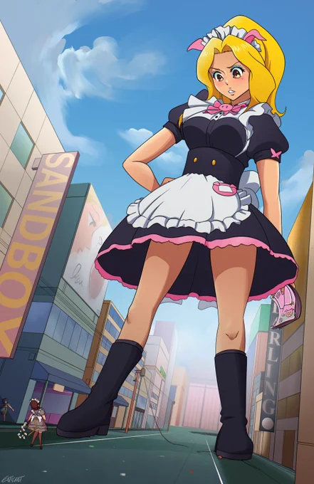 A giantess maid wearing a frilly and pig-inspired maid outfit, Shiipon, looms over another cat-themed maid who has dropped her ad fliers out of terror. Shiipon fills out the width of the street, and easily surpasses the tallest building to either side of her. To the left of Shiipon's boots, tucked in an alleyway, another maid has placed her back against a wall, looking up at Shiipon from the assumed safety of the alley.