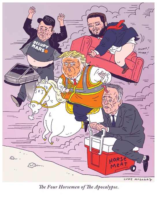 Donald Trump Elon Musk RFK Jr and JD Vance in a political cartoon based on Albrecht Durer’s Four Horsemen of The Apocalypse.