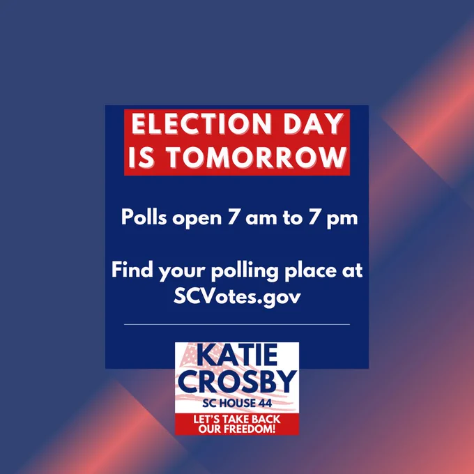 Graphic with a blue background and red accents that reads: 'ELECTION DAY IS TOMORROW' in bold white text on a red background. Below, it says 'Polls open 7 am to 7 pm' and 'Find your polling place at SCVotes.gov' in white text on the blue background. At the bottom, there is a logo with 'KATIE CROSBY' in large blue text and 'SC HOUSE 44' beneath it, followed by a red banner with the slogan 'Let’s Take Back Our Freedom!'