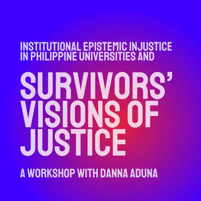The graphic shows the workshop title and facilitators name in translucent capital letters against a blue and red background