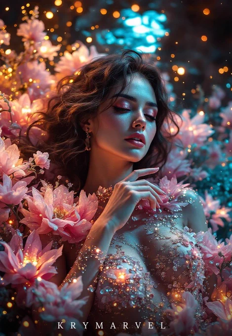 intense glowing pink gold bioluminescient and crystalized mesmerising flowers dress of a stunning beautiful woman seductive top model,into deep magical glittering and sparkling ocean rich textures,  photo, low angle photograph, surrealist style, colorful ,In style of Miki Asai