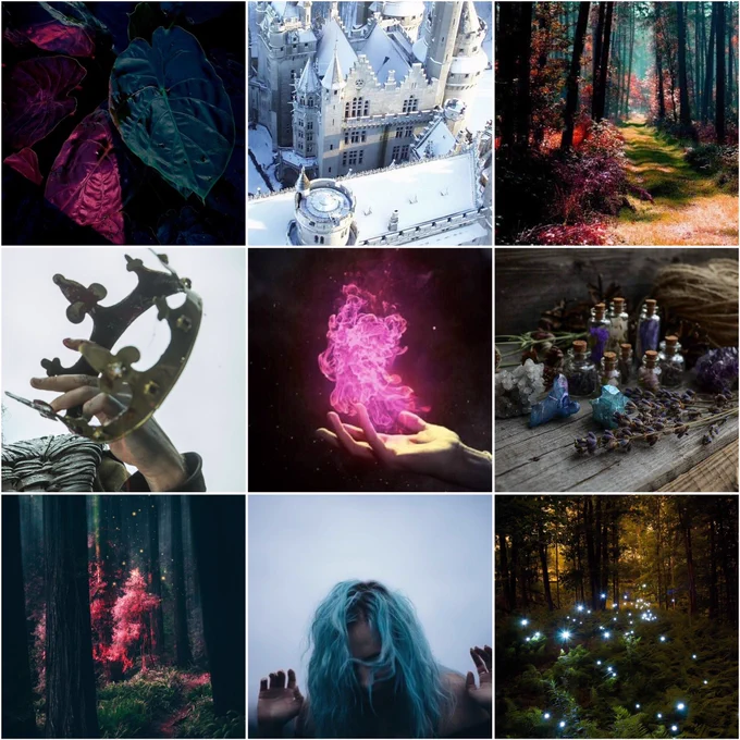 Blue and purple leaves, a snowy castle, multiple images of multicolored forests, a hand swinging a crown, a hand producing purple flames, a table fill of potions, a figure with blue hair obscuring their face