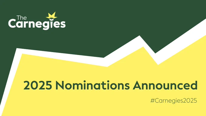 Image in Carnegies brand colours of green and yellow with text reading ''2025 nominations announced. #Carnegies2025''
