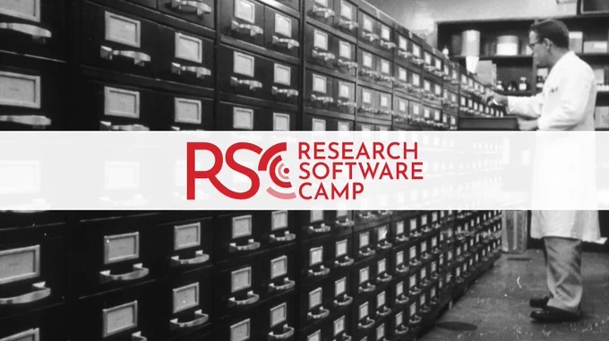 RSC logo, a man in a lab coat in front of a filing cabinet