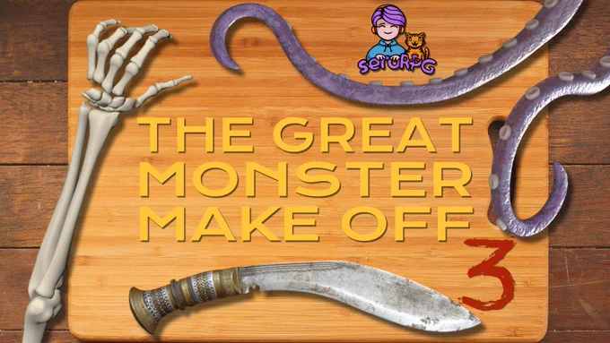 Picture of a chopping block with a skeleton arm, some tentacles and a large monster-hunting knife on it. Text reads: The Great Monster Make Off 3.