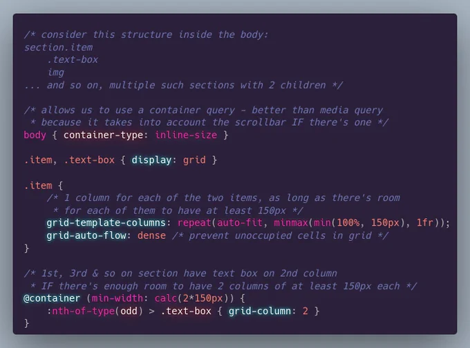 /* consider this structure inside the body:
section.item
	.text-box
	img
... and so on, multiple such sections with 2 children */

/* allows us to use a container query - better than media query
 * because it takes into account the scrollbar IF there's one */
body { container-type: inline-size }

.item, .text-box { display: grid }

.item {
	/* 1 column for each of the two items, as long as there's room
	 * for each of them to have at least 150px */
	grid-template-columns: repeat(auto-fit, minmax(min(100%, 150px), 1fr));
	grid-auto-flow: dense /* prevent unoccupied cells in grid */
}

/* 1st, 3rd & so on section have text box on 2nd column 
 * IF there's enough room to have 2 columns of at least 150px each */
@container (min-width: calc(2*150px)) {
	:nth-of-type(odd) > .text-box { grid-column: 2 }
}