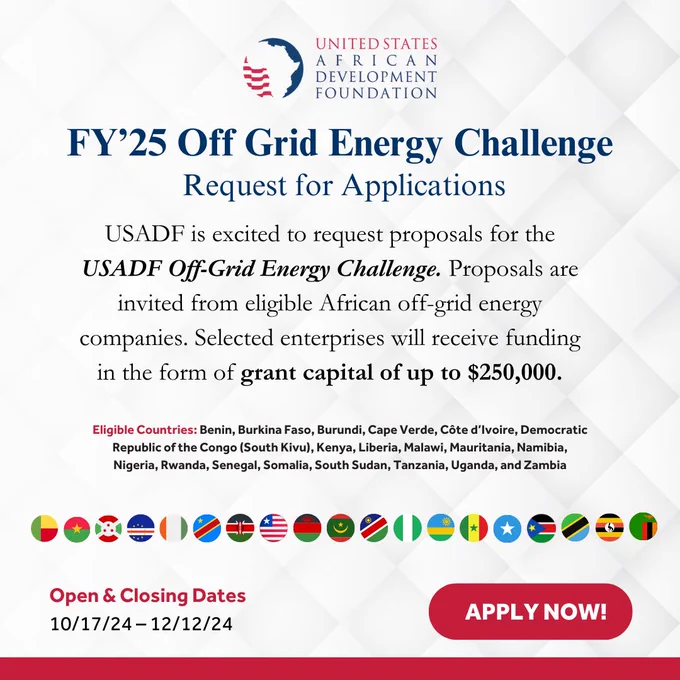 An advert with details about USADF's Off-Grid Energy Challenge FY’25