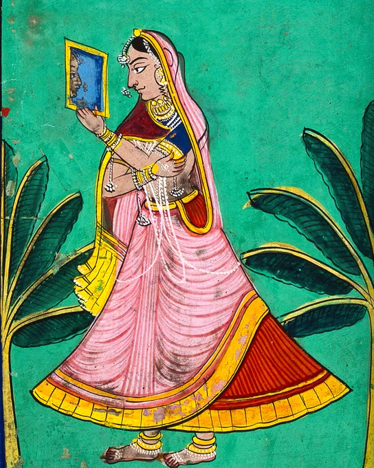 A finely adorned lady in a pink and red sari gazes at herself in a square hand held mirror. Beside her are palm trees and she is set against a shade of vibrant turquoise. 575153i 
