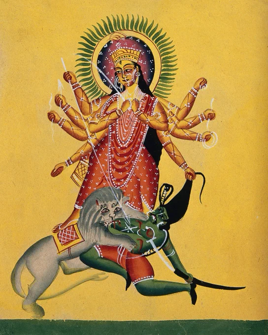 Durga kills the demon. Watercolour by an Indian artist, ca. 1890. A many armed Hindu God and a lion finished off a small green skinned demon. Behind them is a background of brilliant mustard. 582940i