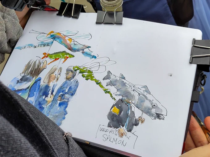 Artist's sketchpad with water colour paintings of model dragonflies and fish at the March for Clean Water