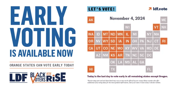 Promotional graphic for early voting, stating 'Early Voting is Available Now' with a background featuring state abbreviations colored in blue, orange, and white. Orange states can vote early. The image includes the logos for LDF (NAACP Legal Defense and Educational Fund) and Black Voters Rise with a reminder that November 4, 2024, is the last day to vote early in all remaining states except Oregon. Visit ldf.vote for more info.