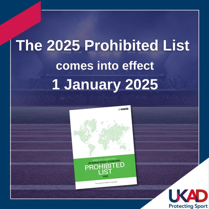Graphic of WADA's Prohibited List front cover. Text reads: The 2025 Prohibited List comes into effect 1 January
