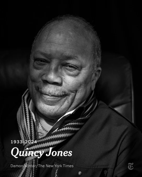 A black and white photo of Quincy Jones. Text reads: "1933-2024. Quincy Jones." Photo credit: Damon Winter/The New York Times