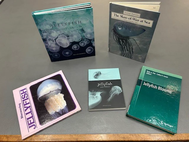 Five books about jellyfish laid out on a table
