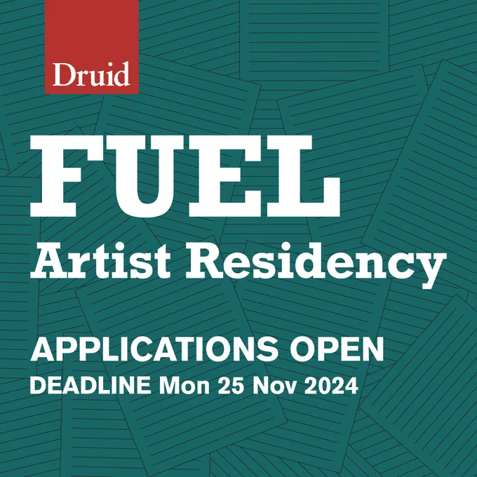 A graphic with text 'FUEL Artist Residency / Applications Open / Deadline Mon 25 Nov 2024' overlaid on an illustration of lined pages in green