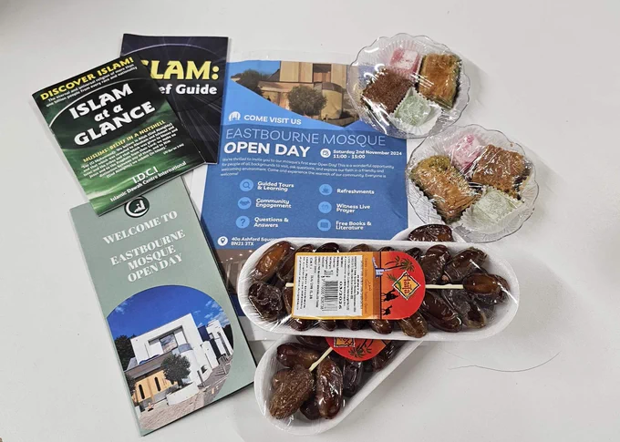A few Eastbourne Mosque fliers alongside some dates, Turkish delights and sweet pastries - which were gifted snacks from Eastbourne Mosque for our Kids Club.