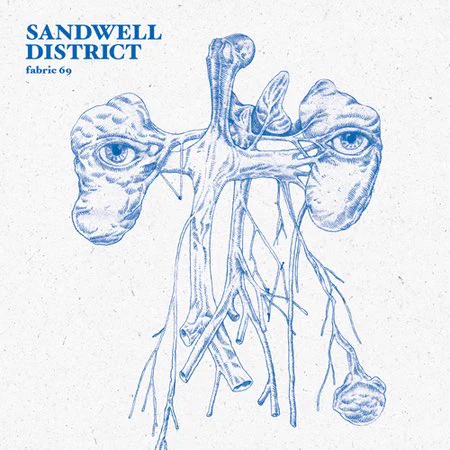 A very weird anatomy style drawing in blue with Sandwell District written alongside fabric 69