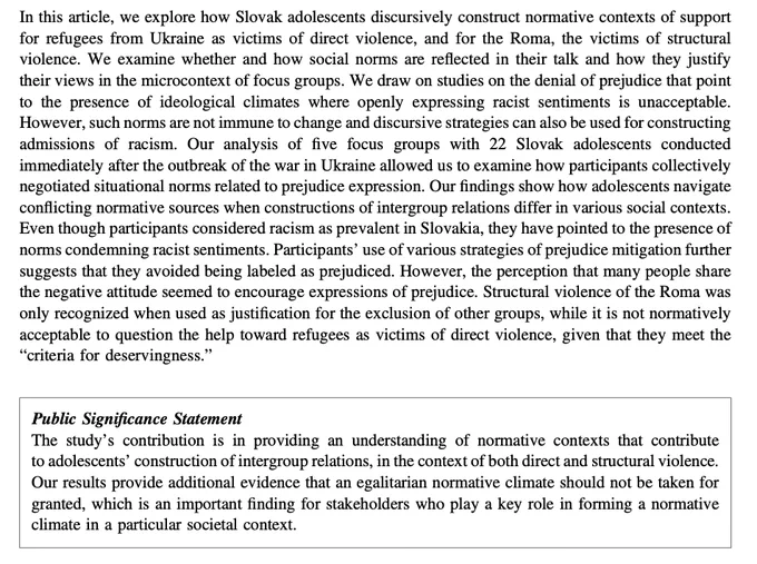 Poslon, X. D., & Lášticová, B. (2024). Navigating normative sources: How adolescents talk about refugees from Ukraine and the Roma. Peace and Conflict: Journal of Peace Psychology, 30(3), 387–399. https://doi.org/10.1037/pac0000722