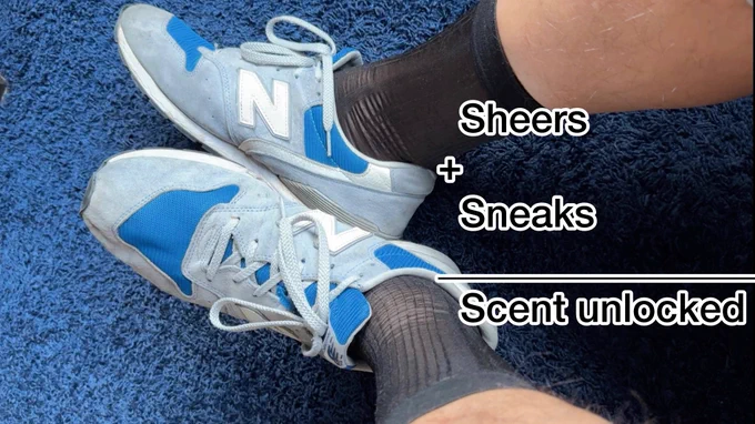 The image shows a close-up of a pair of feet wearing sheer black socks paired with light blue and white New Balance sneakers. The feet are positioned on a blue textured carpet, adding a vibrant background contrast to the footwear. The black sheer socks, slightly transparent, reveal a bit of skin tone underneath, emphasizing the texture and fit around the ankle and foot. The New Balance sneakers, featuring a combination of blue mesh with white accents and gray suede, give off a casual yet stylish vibe. The text overlay on the image reads “Sheers   Sneaks = Scent unlocked,” suggesting a playful connection between the combination of sheer socks and sneakers and a unique sensory experience. The composition focuses on the lower legs and feet, with the sheer socks creating a visually distinct texture against the smooth, sturdy structure of the sneakers.