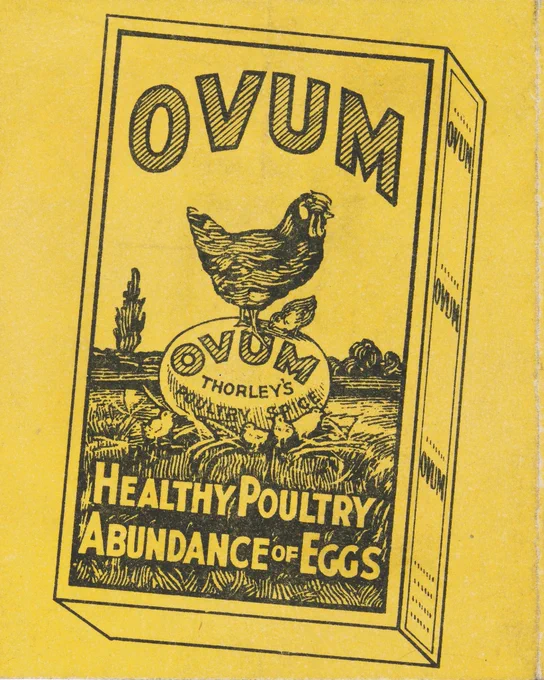 A very yellow advert for “Ovum Thorley’s Poultry Spice” featuring rectangular packaging labeled “Healthy Poultry Abundance of Eggs”.