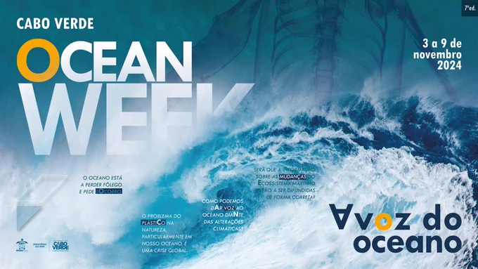 Image collage: Flyer for the Cabo Verde Ocean Week from 3 to 9 November 2024, waves in the background.